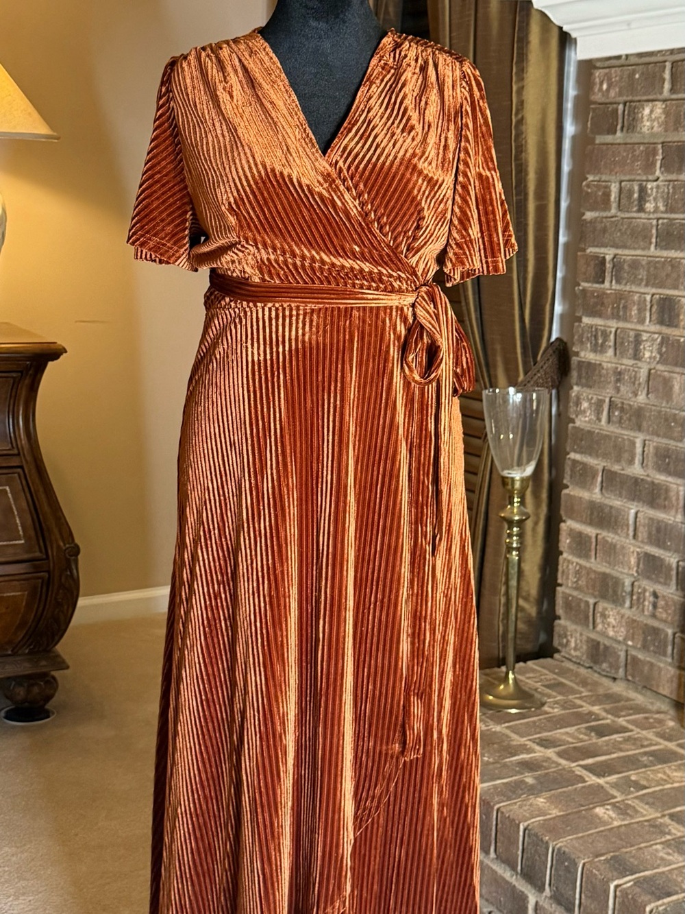 1XL Copper Velour Wrap Midi Dress | 70s Boho Fall